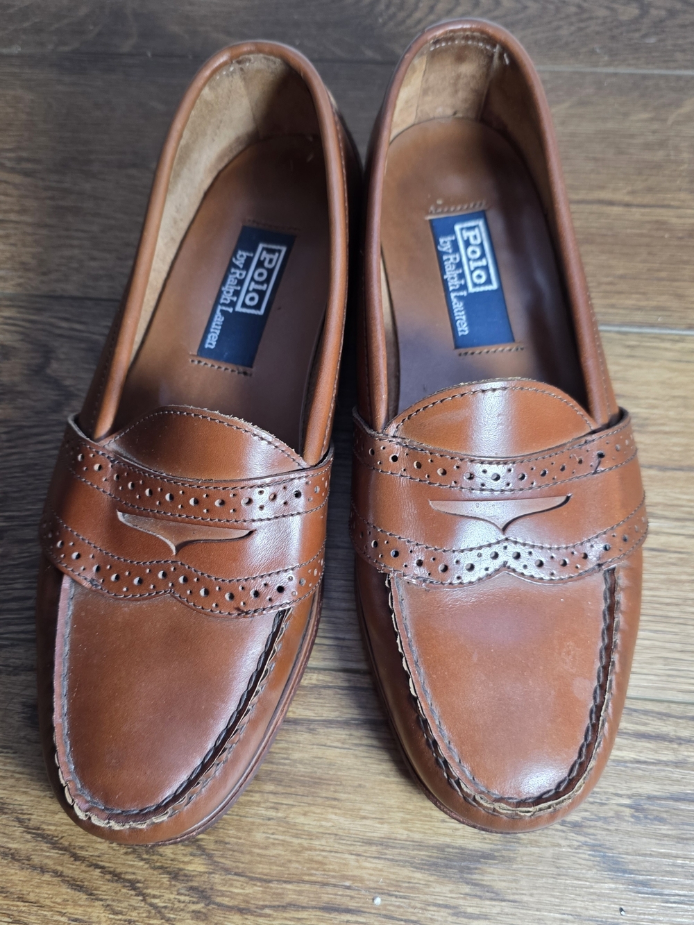 Vintage Polo RALPH LAUREN MEN's 9.5 D Brown Brogue Leather Penny Loafers Preppy
